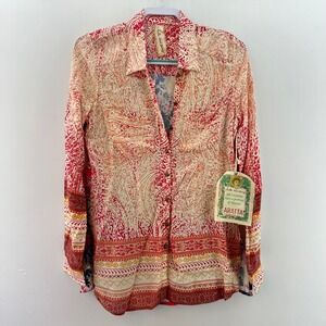Aratta Silent Journey Red Paisley Button-Down Shirt Bohemian Blouse Sz Small NWT